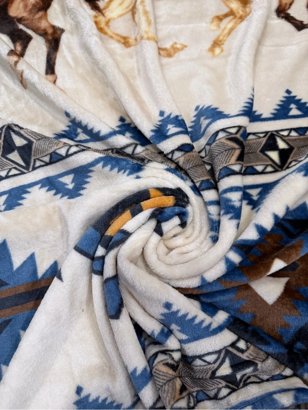 Queen Southwest tribal Aztec Horses Plush fleece Blanket - Turquoise & Brown